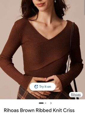 Rihoas Brown Ribbed V-Neck Crisscross Sweater